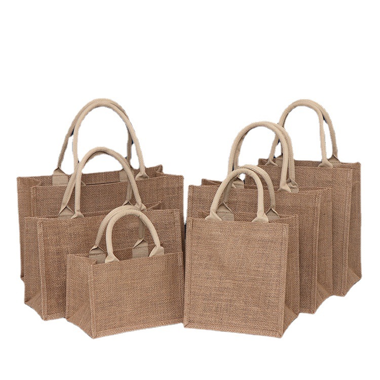 Custom Logo Burlap Jute Reusable Linen Beach Hessian Shopping Tote Bags for Gift