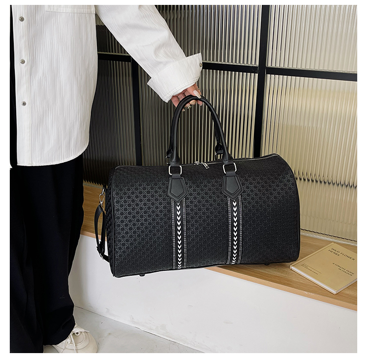 Newest Woven Textures Pu Leather Stripe Weekender Travel Bag Overnight Large Capacity Duffle Bag