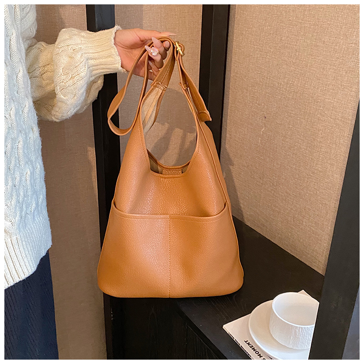 Women's Fashion Simple Casual Soft PU Leather One Shoulder Bucket Bag Magnetic Buckle Casual Tote Bag