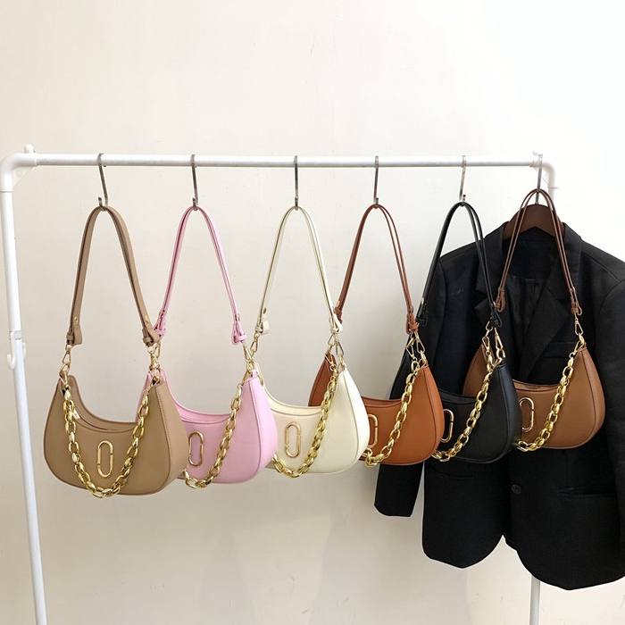 Fashion Crossbody Pu Leather Women Underarm Half Moon Hand Bags Candy Color Chain Handbags