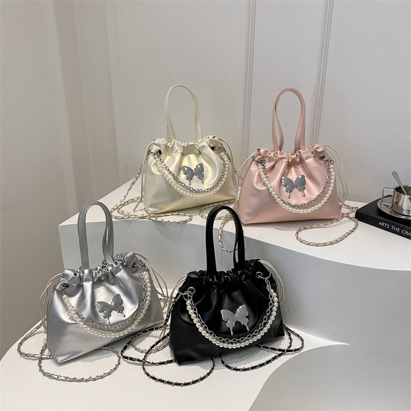 Mini Bucket Bag Y2k Butterfly Satin Shoulder Bag Drawstring Handbag with Pearl Chain Small Crossbody Bag for Women