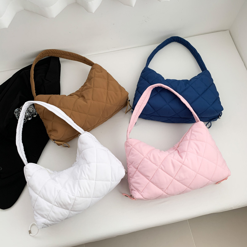 Wholesale Women Puffer Shoulder Bag with Strap Quilted Lattice Purse Retro Drawstring Bag